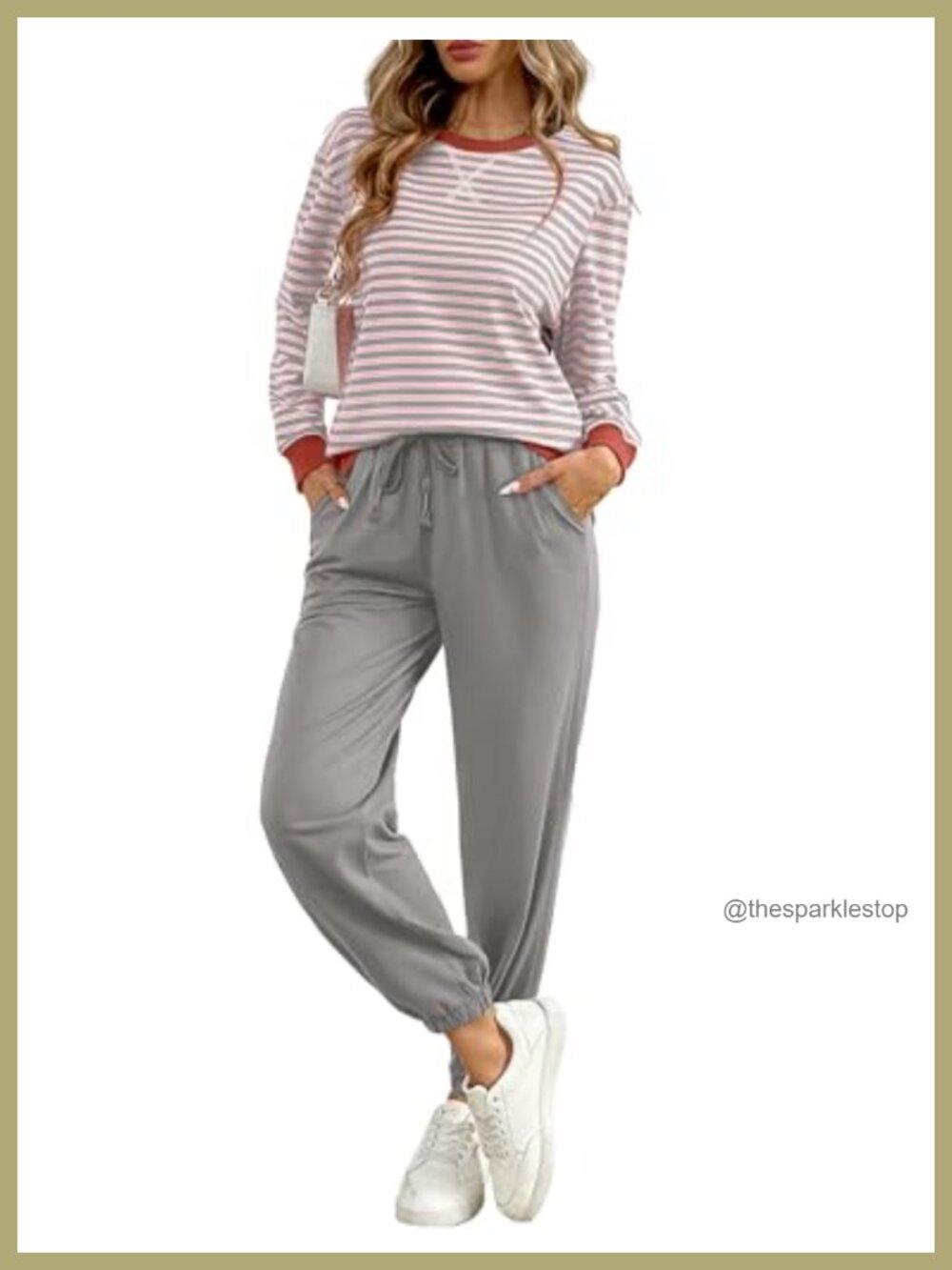 Women's Cotton Color Block Lounge Set Striped Drawstring Joggers Tracksuit